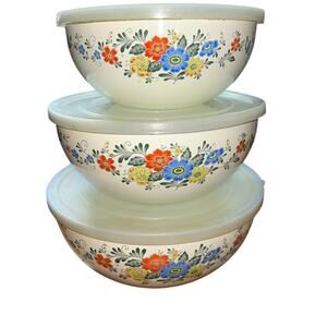 3 Vintage Kobe Japan Metal Enamel Ware Florsl Nesting Bowls with Plastic Lids